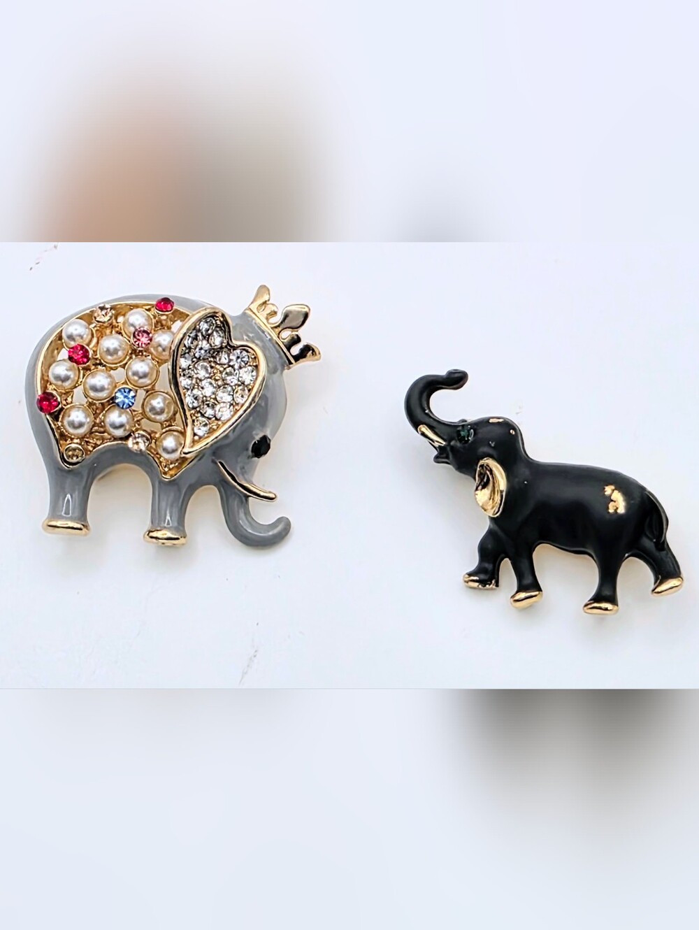 ✨Cute Elephant Brooch Lot Gray Pearl Rhinestone & Black Gold Tone Statement Pins